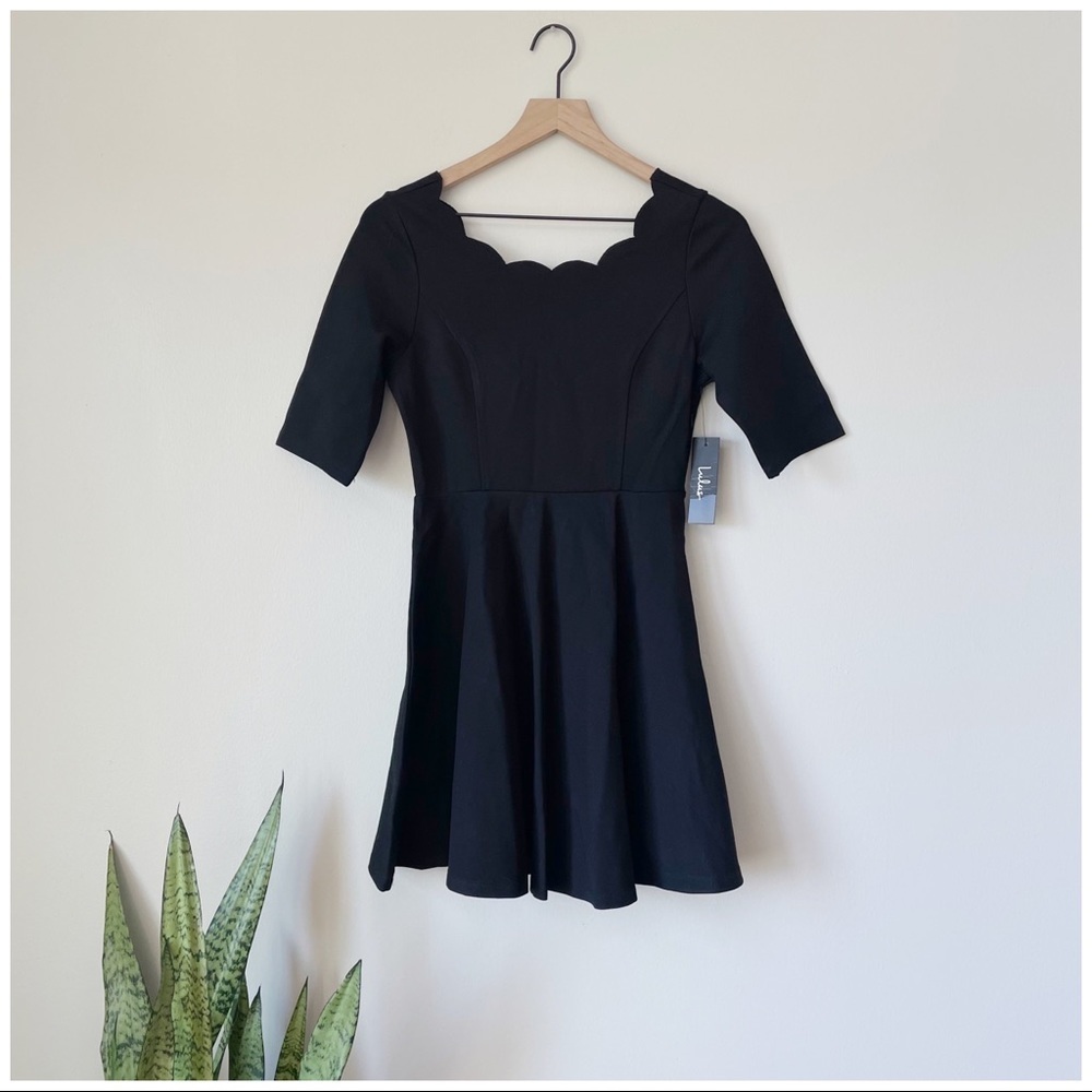 Lulus Tip the Scallops Black Scalloped Scoop Neck Skater Dress